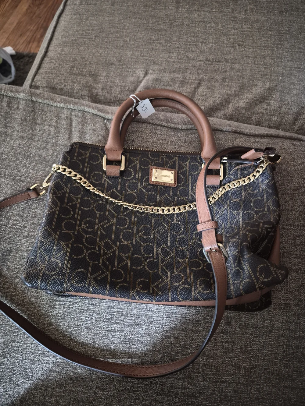 Calvin Klein Brown Monogram Satchel with Gold Chain and Tan Trim